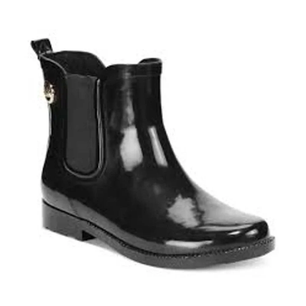 MK Michael Kors Black Silver Charm ankle rubber rain boots logo